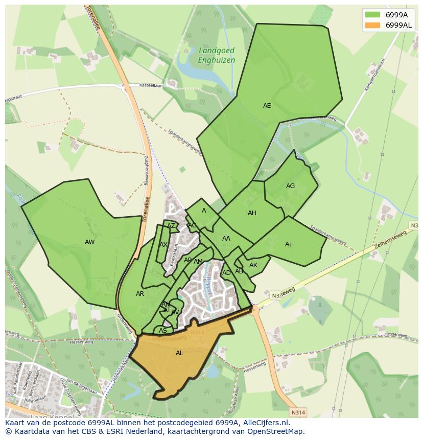 Afbeelding van het postcodegebied 6999 AL op de kaart.