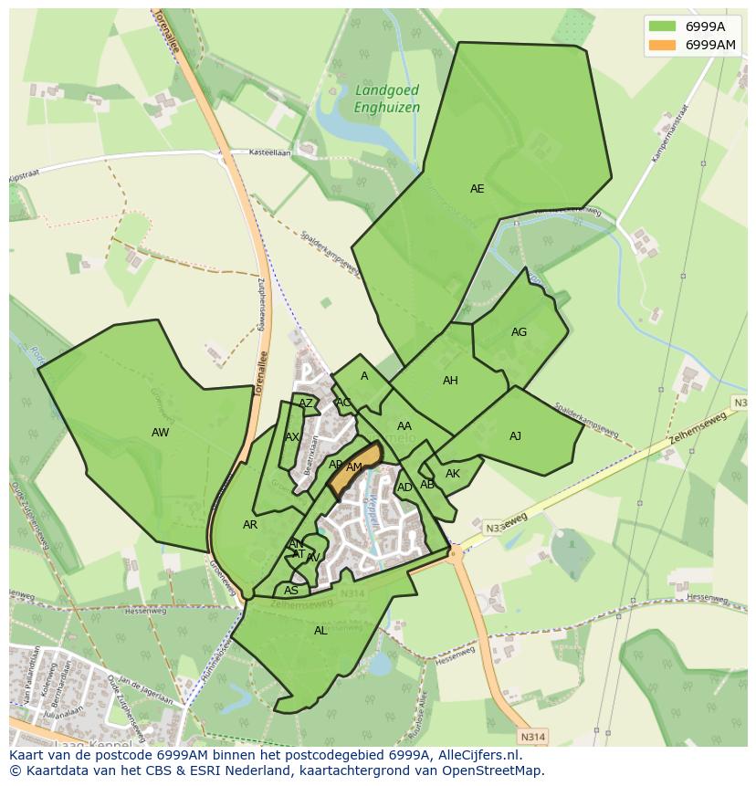 Afbeelding van het postcodegebied 6999 AM op de kaart.