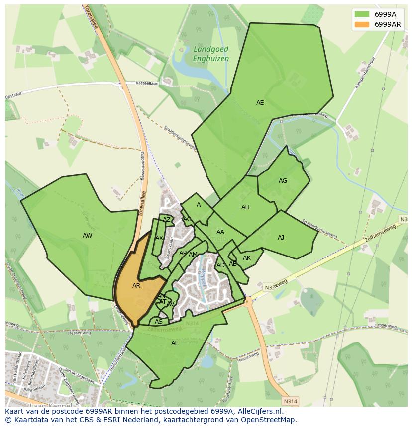 Afbeelding van het postcodegebied 6999 AR op de kaart.