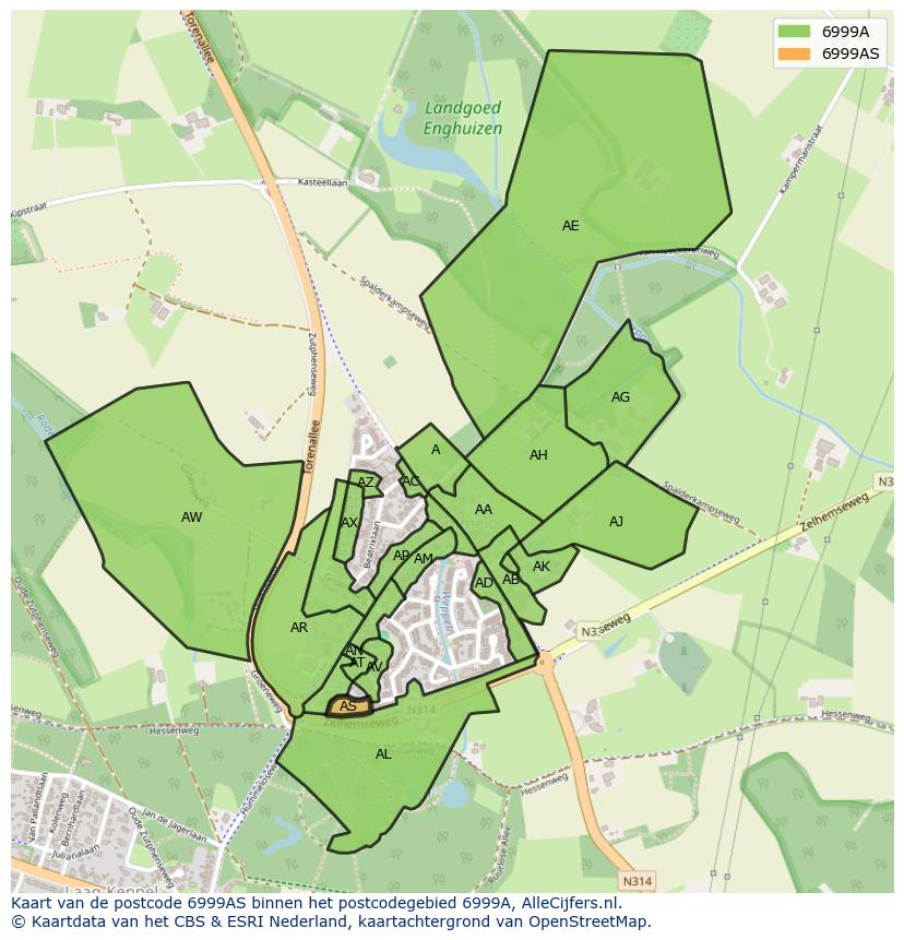 Afbeelding van het postcodegebied 6999 AS op de kaart.