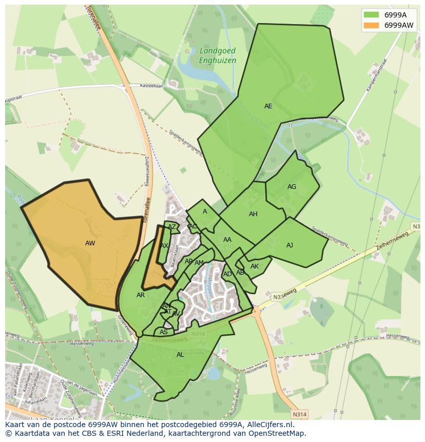 Afbeelding van het postcodegebied 6999 AW op de kaart.