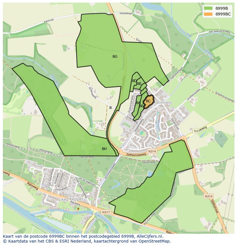Afbeelding van het postcodegebied 6999 BC op de kaart.