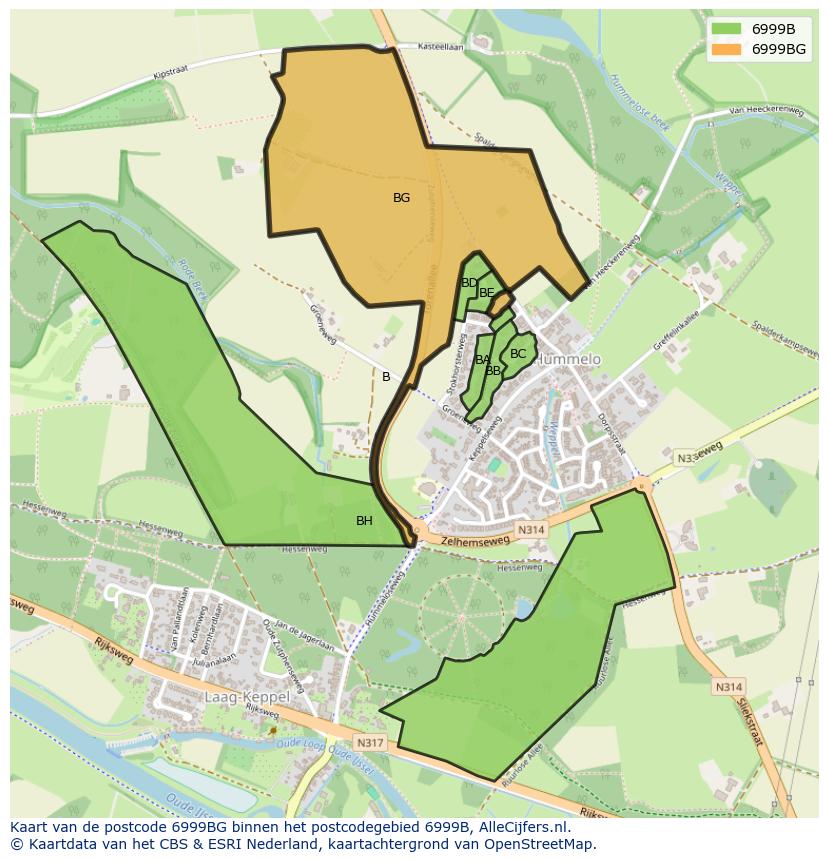 Afbeelding van het postcodegebied 6999 BG op de kaart.