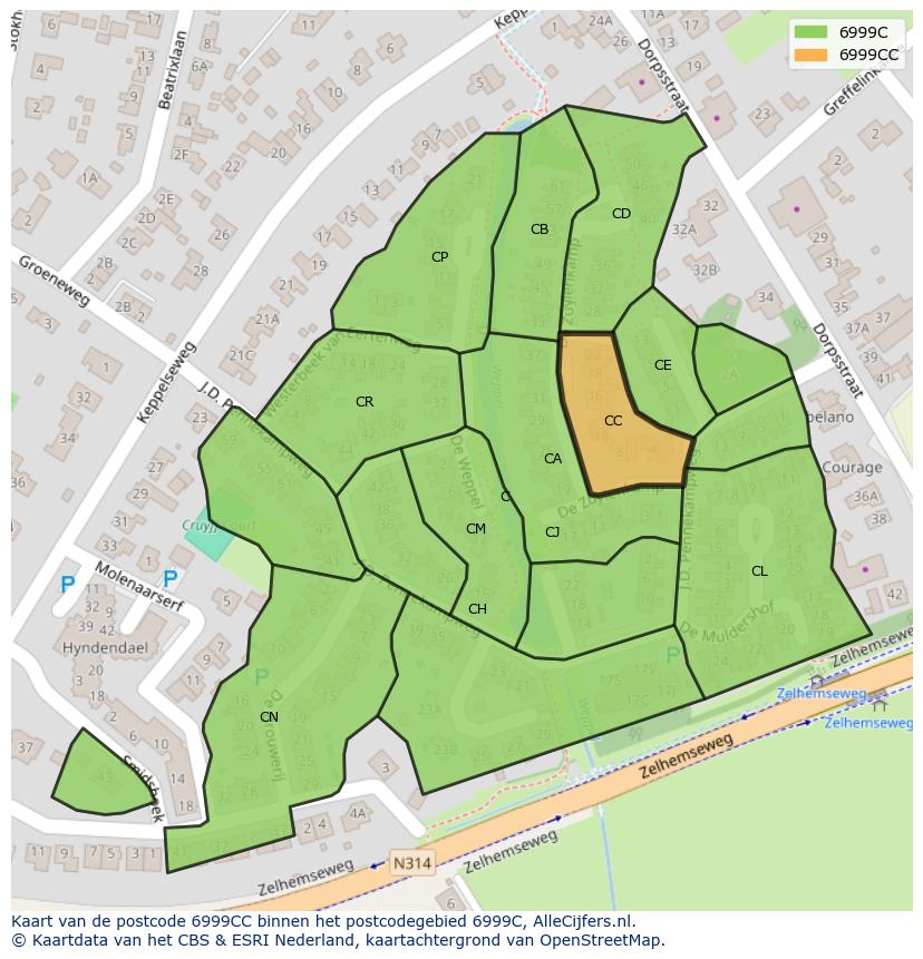 Afbeelding van het postcodegebied 6999 CC op de kaart.