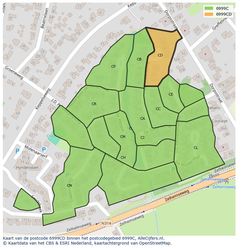Afbeelding van het postcodegebied 6999 CD op de kaart.