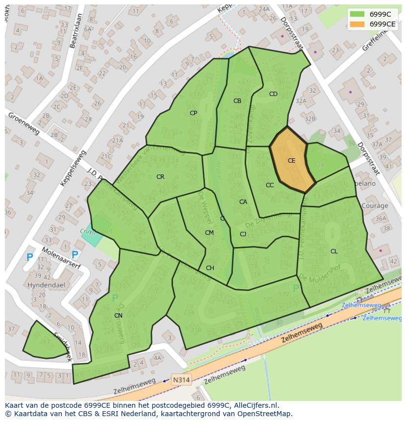 Afbeelding van het postcodegebied 6999 CE op de kaart.
