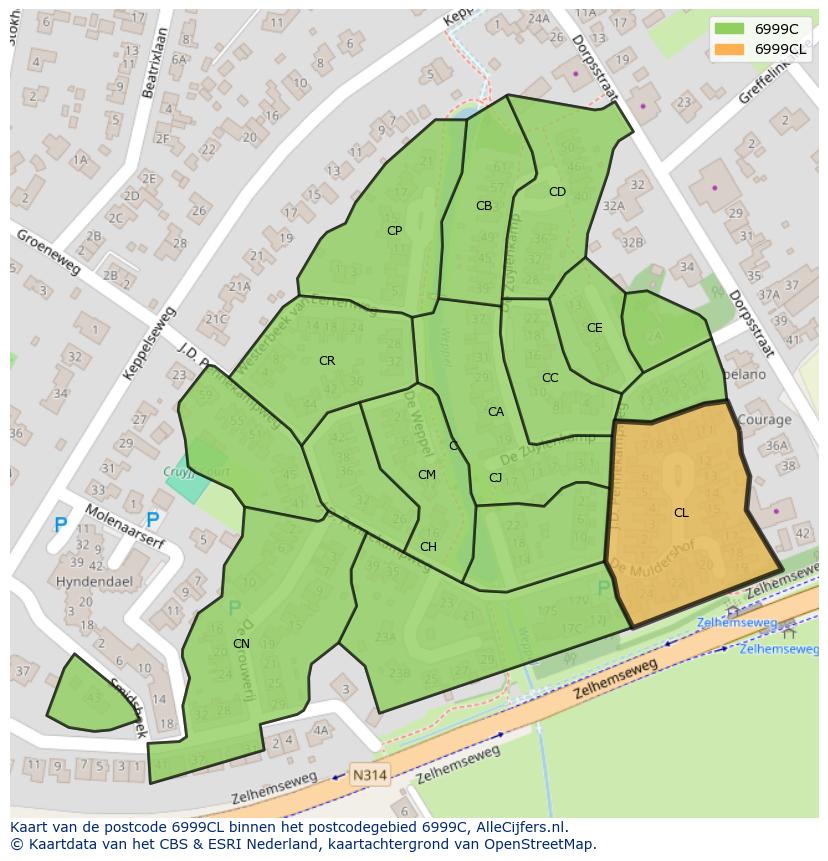 Afbeelding van het postcodegebied 6999 CL op de kaart.