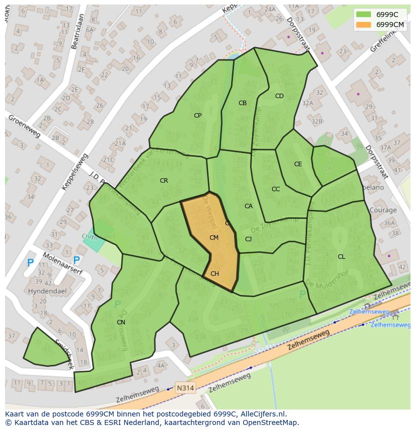 Afbeelding van het postcodegebied 6999 CM op de kaart.