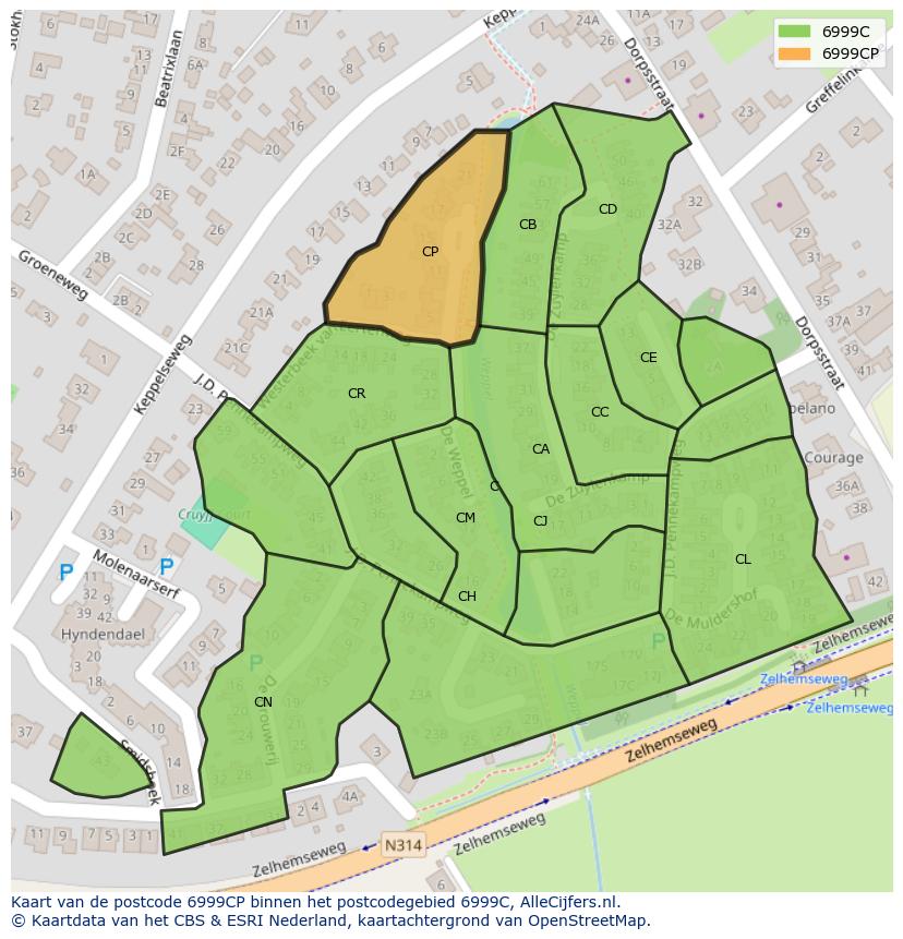 Afbeelding van het postcodegebied 6999 CP op de kaart.