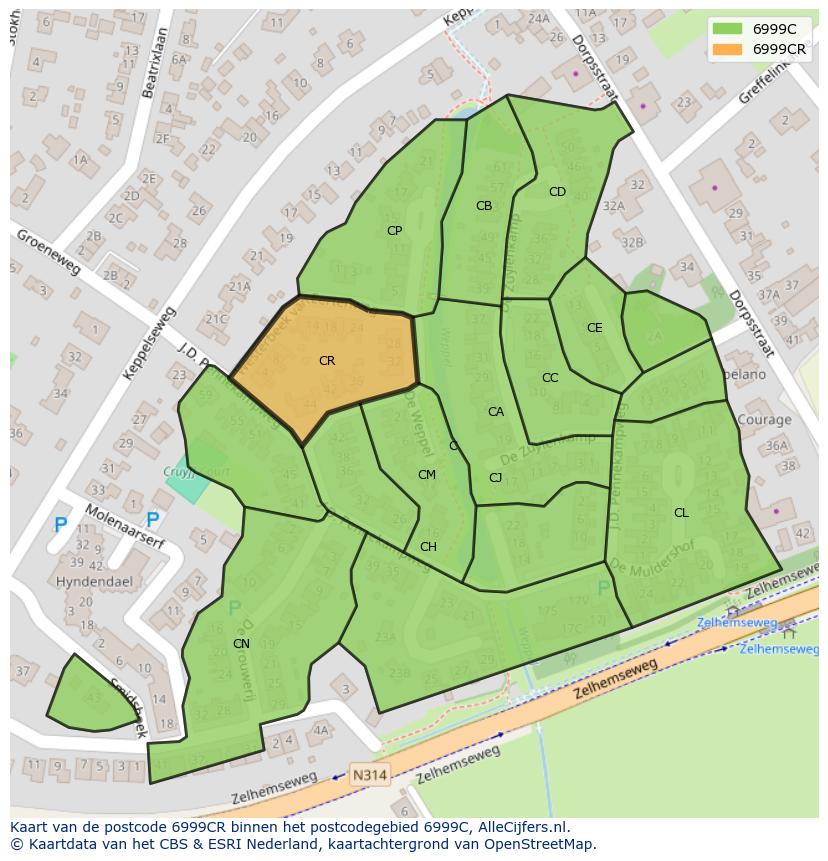 Afbeelding van het postcodegebied 6999 CR op de kaart.
