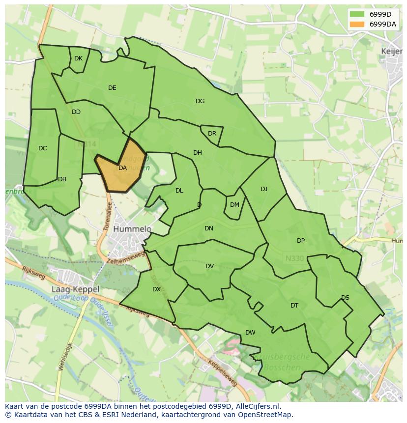 Afbeelding van het postcodegebied 6999 DA op de kaart.
