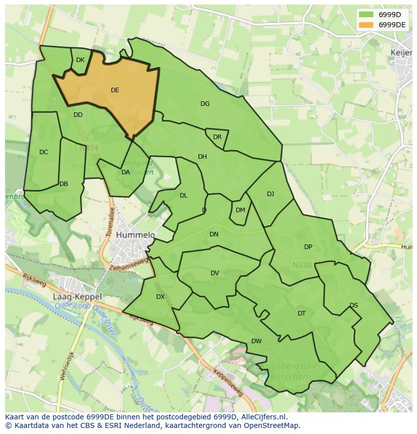 Afbeelding van het postcodegebied 6999 DE op de kaart.