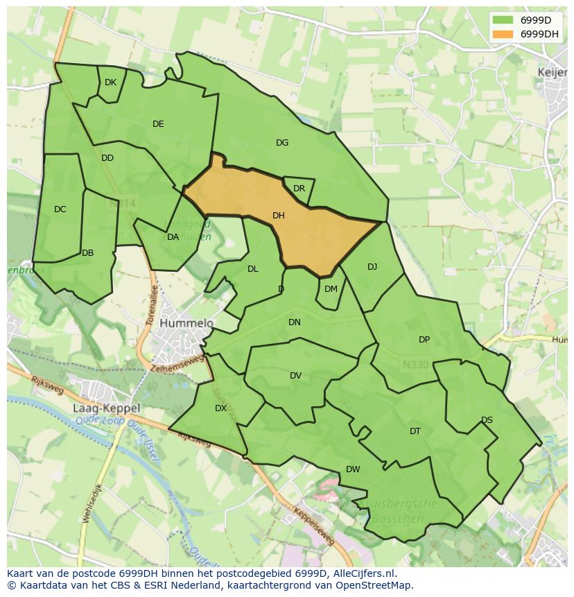 Afbeelding van het postcodegebied 6999 DH op de kaart.