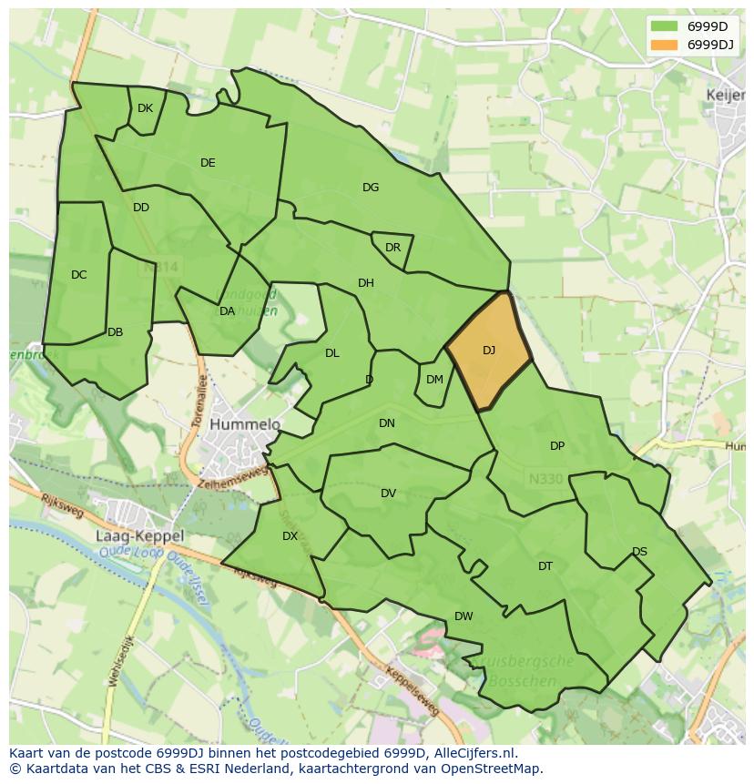 Afbeelding van het postcodegebied 6999 DJ op de kaart.