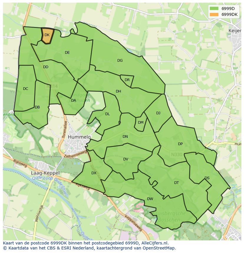 Afbeelding van het postcodegebied 6999 DK op de kaart.