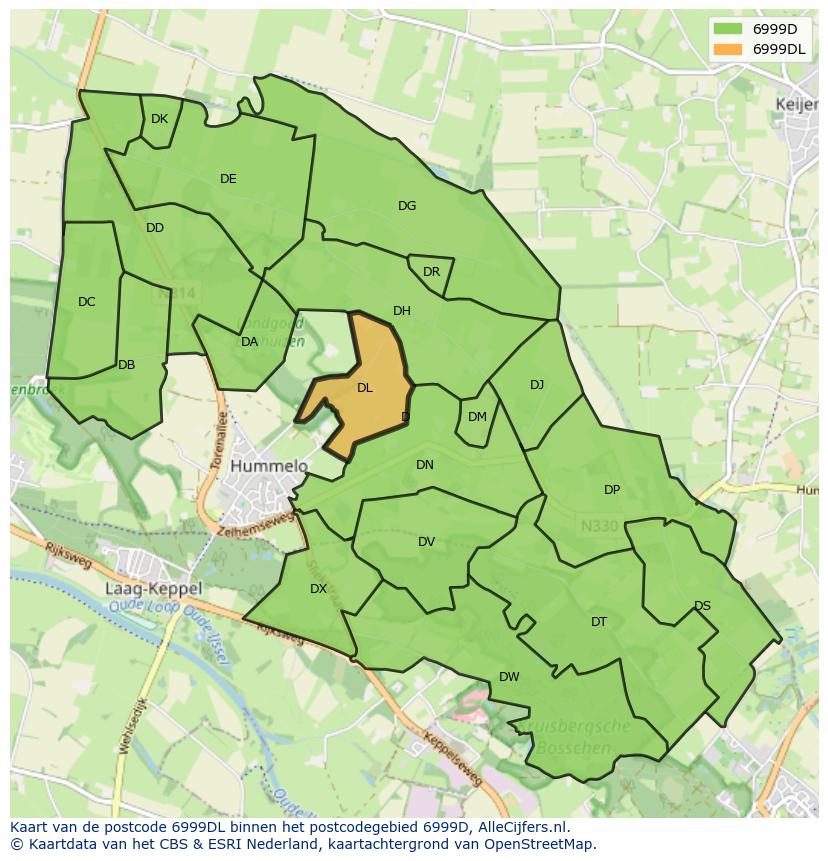 Afbeelding van het postcodegebied 6999 DL op de kaart.