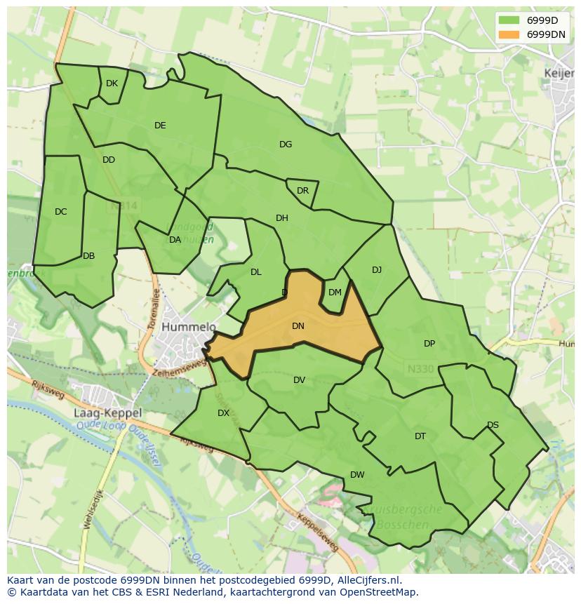 Afbeelding van het postcodegebied 6999 DN op de kaart.
