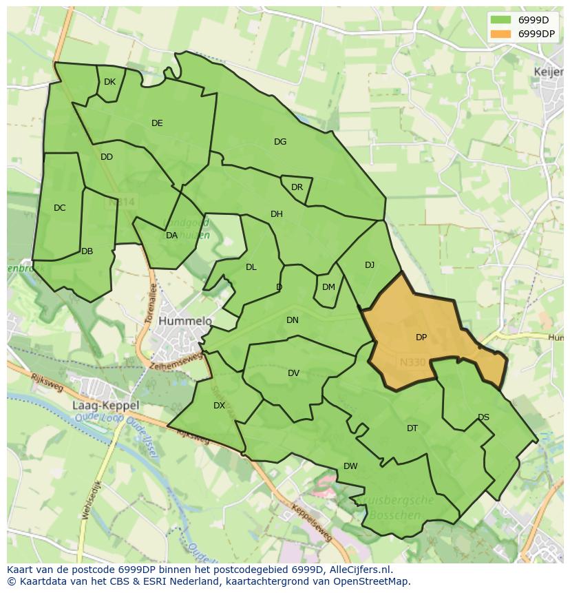 Afbeelding van het postcodegebied 6999 DP op de kaart.