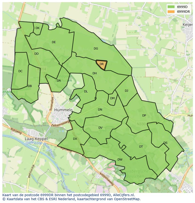 Afbeelding van het postcodegebied 6999 DR op de kaart.