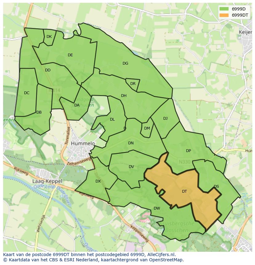 Afbeelding van het postcodegebied 6999 DT op de kaart.