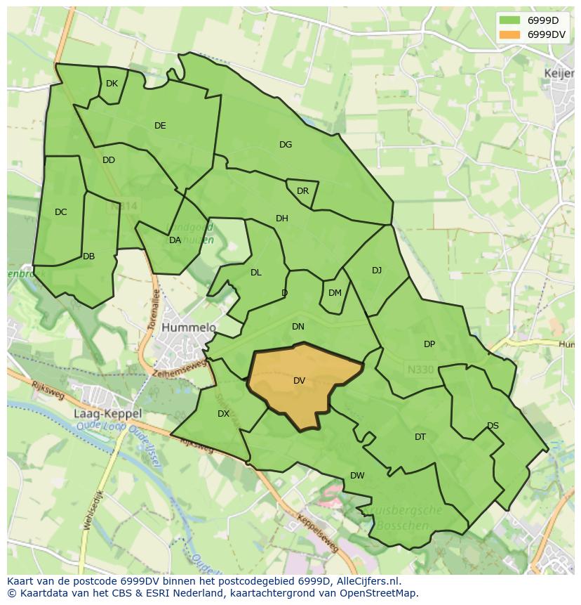 Afbeelding van het postcodegebied 6999 DV op de kaart.