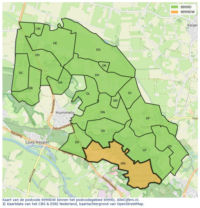 Afbeelding van het postcodegebied 6999 DW op de kaart.