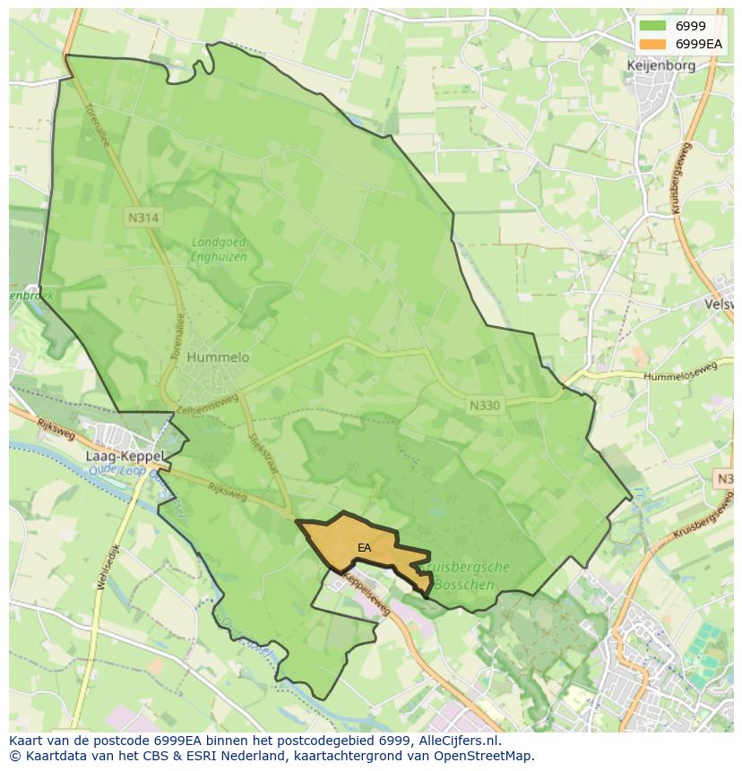 Afbeelding van het postcodegebied 6999 EA op de kaart.