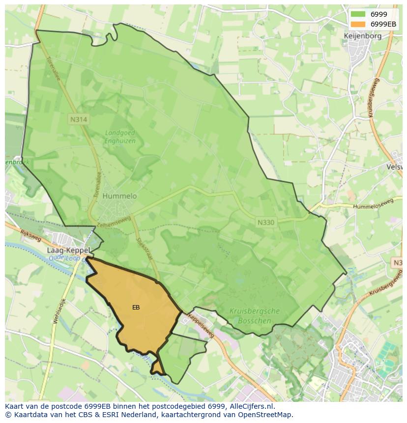 Afbeelding van het postcodegebied 6999 EB op de kaart.
