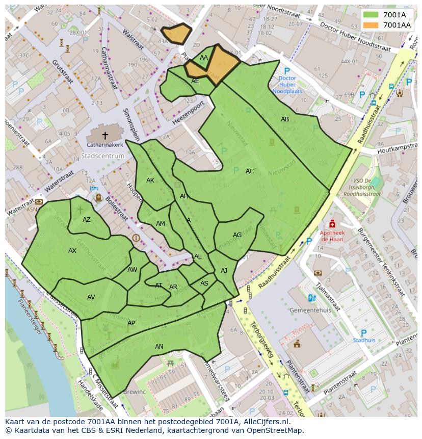 Afbeelding van het postcodegebied 7001 AA op de kaart.