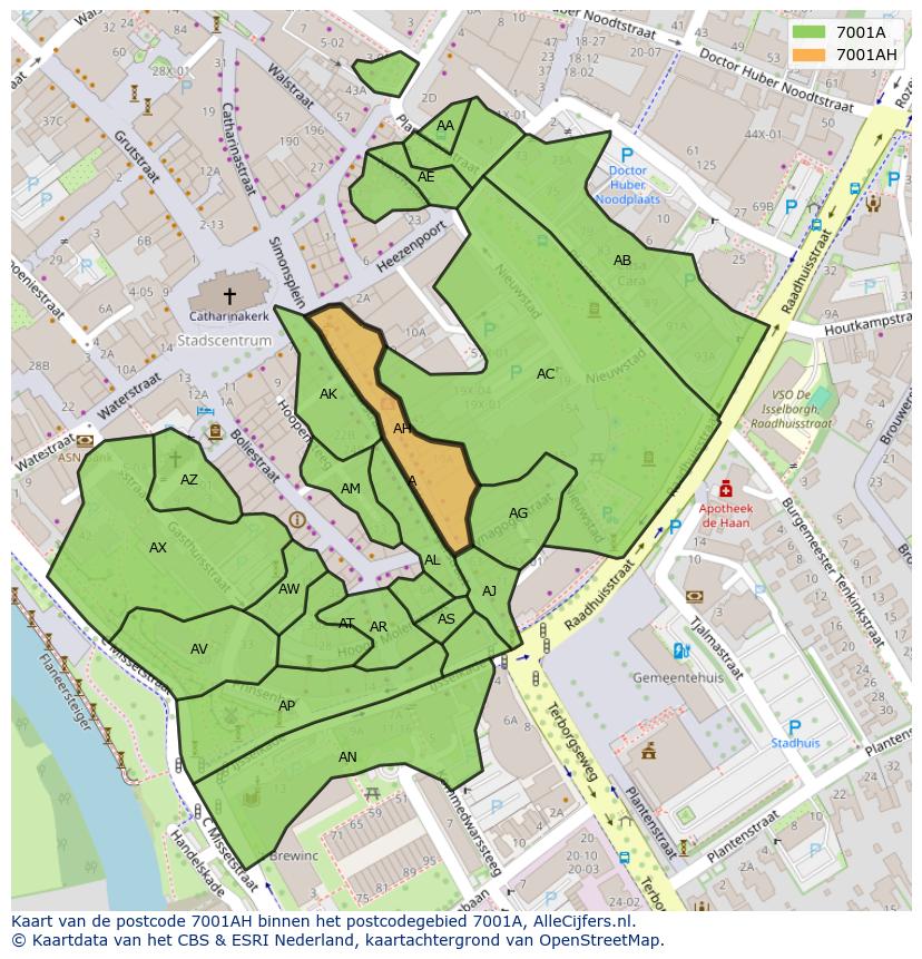 Afbeelding van het postcodegebied 7001 AH op de kaart.