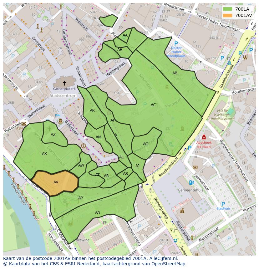 Afbeelding van het postcodegebied 7001 AV op de kaart.