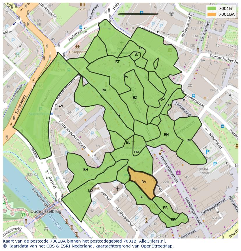 Afbeelding van het postcodegebied 7001 BA op de kaart.