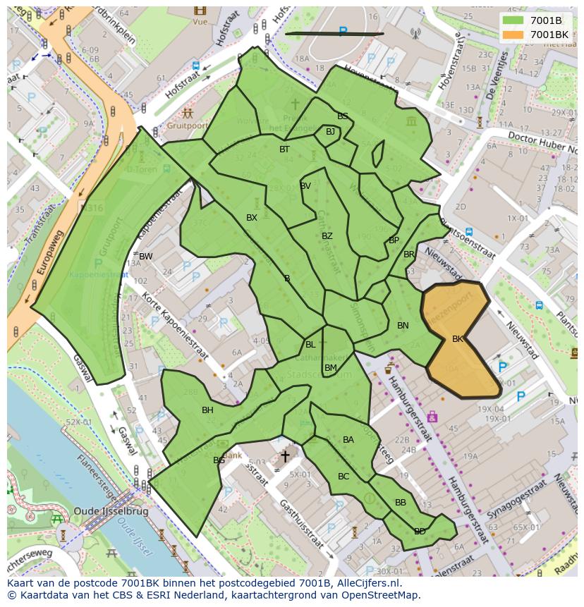 Afbeelding van het postcodegebied 7001 BK op de kaart.