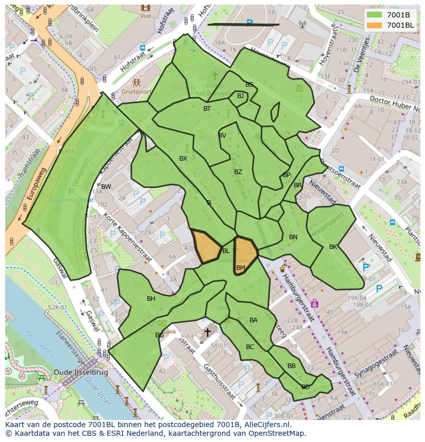 Afbeelding van het postcodegebied 7001 BL op de kaart.