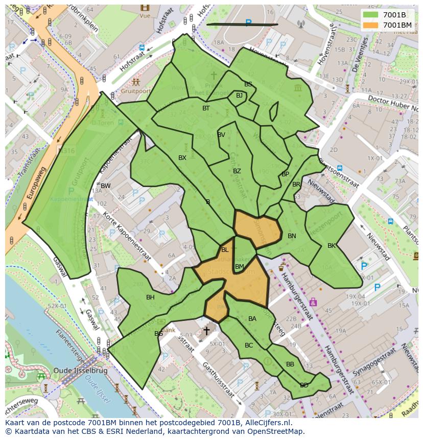 Afbeelding van het postcodegebied 7001 BM op de kaart.