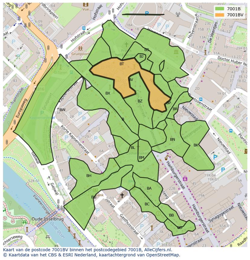 Afbeelding van het postcodegebied 7001 BV op de kaart.
