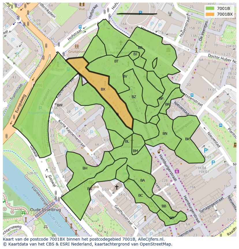 Afbeelding van het postcodegebied 7001 BX op de kaart.