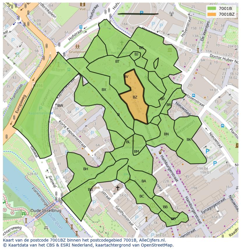 Afbeelding van het postcodegebied 7001 BZ op de kaart.