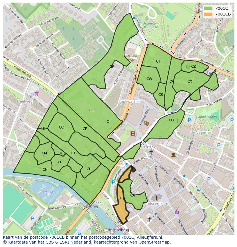 Afbeelding van het postcodegebied 7001 CB op de kaart.