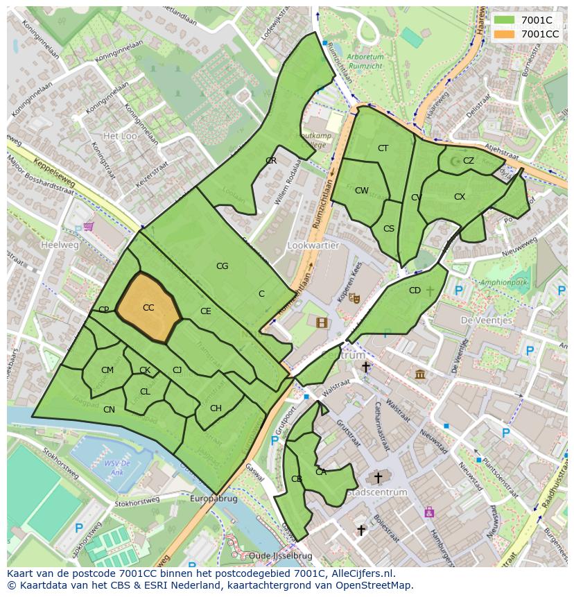 Afbeelding van het postcodegebied 7001 CC op de kaart.