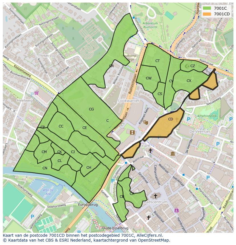 Afbeelding van het postcodegebied 7001 CD op de kaart.