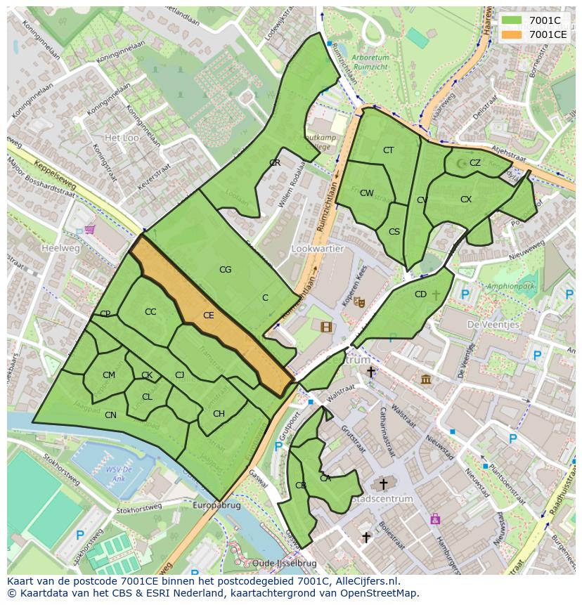 Afbeelding van het postcodegebied 7001 CE op de kaart.
