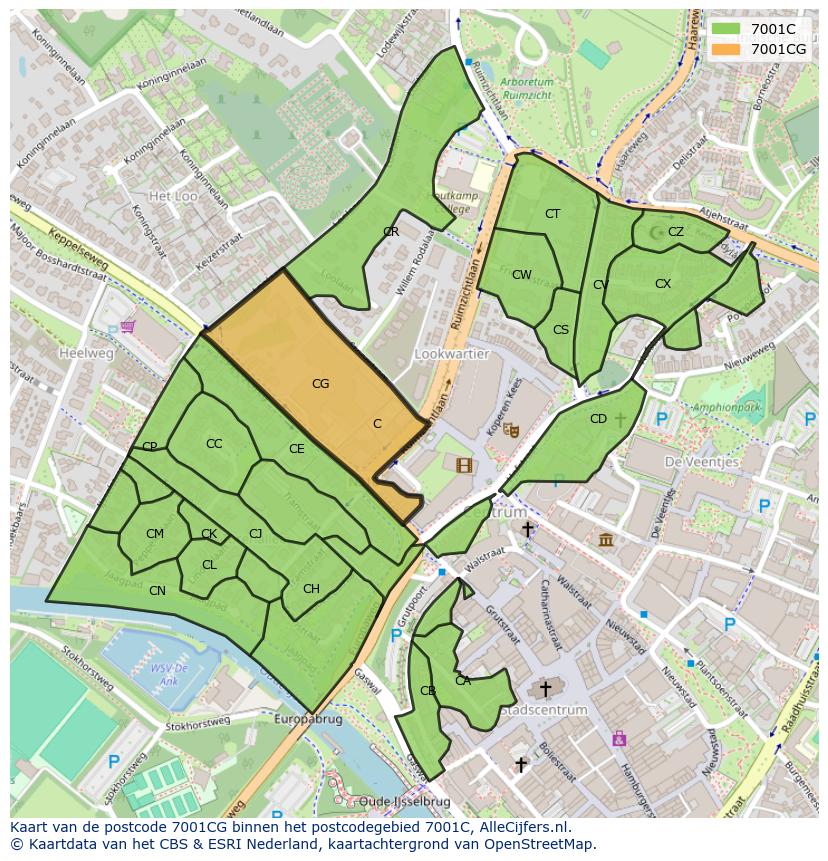 Afbeelding van het postcodegebied 7001 CG op de kaart.