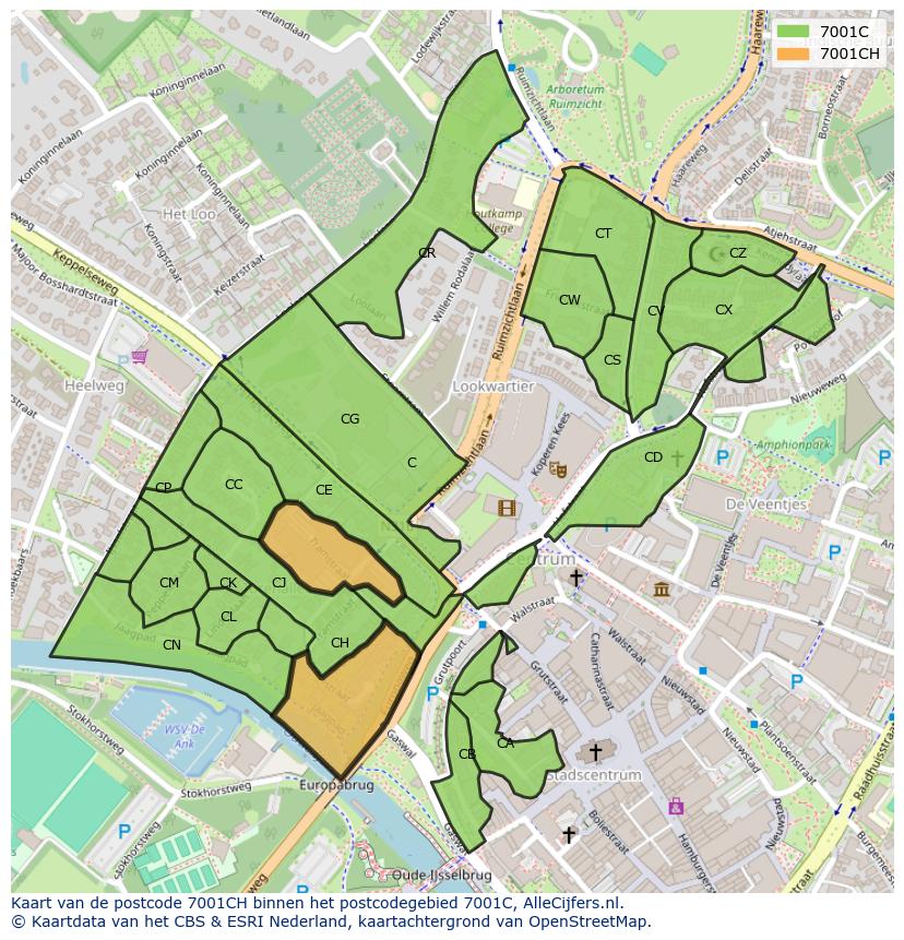 Afbeelding van het postcodegebied 7001 CH op de kaart.