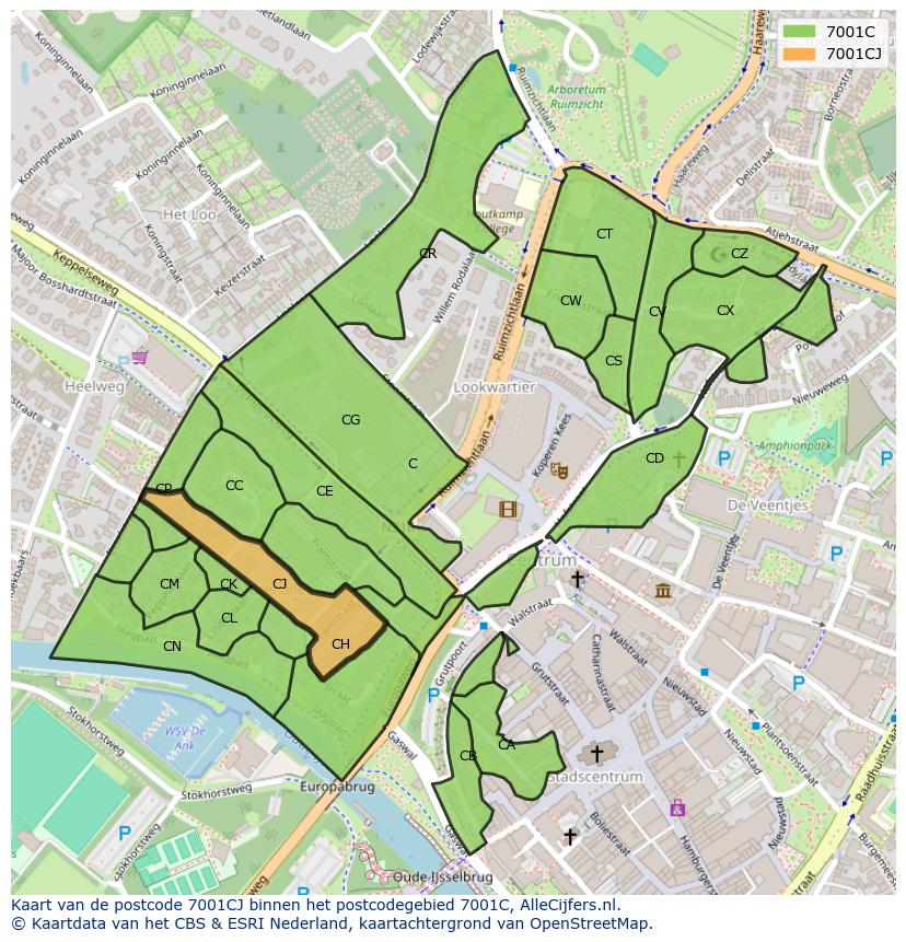 Afbeelding van het postcodegebied 7001 CJ op de kaart.