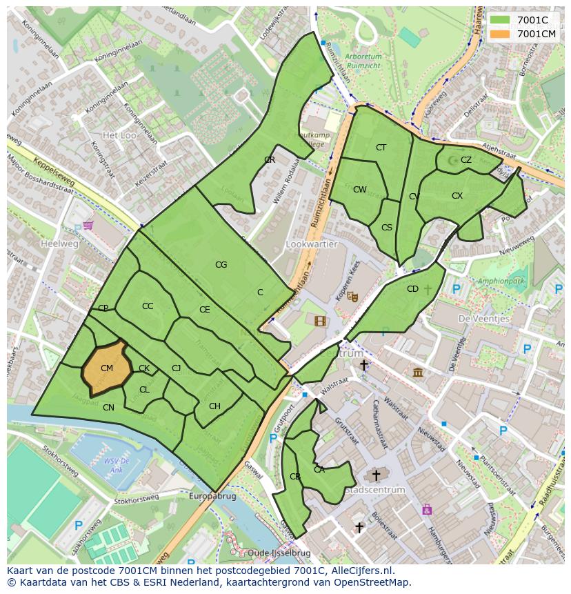 Afbeelding van het postcodegebied 7001 CM op de kaart.