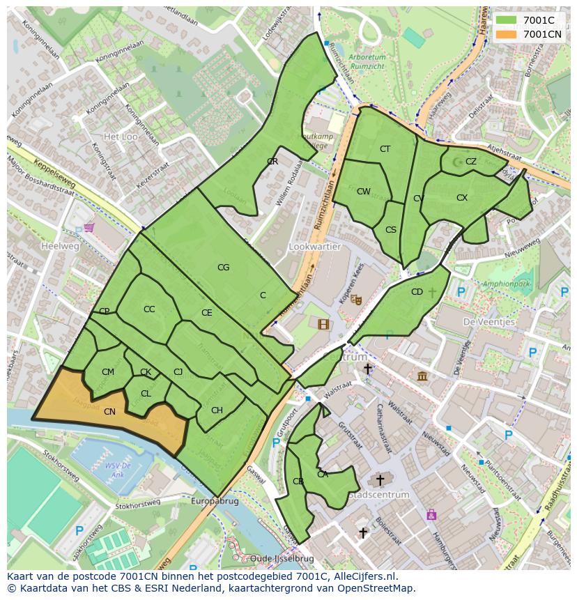 Afbeelding van het postcodegebied 7001 CN op de kaart.