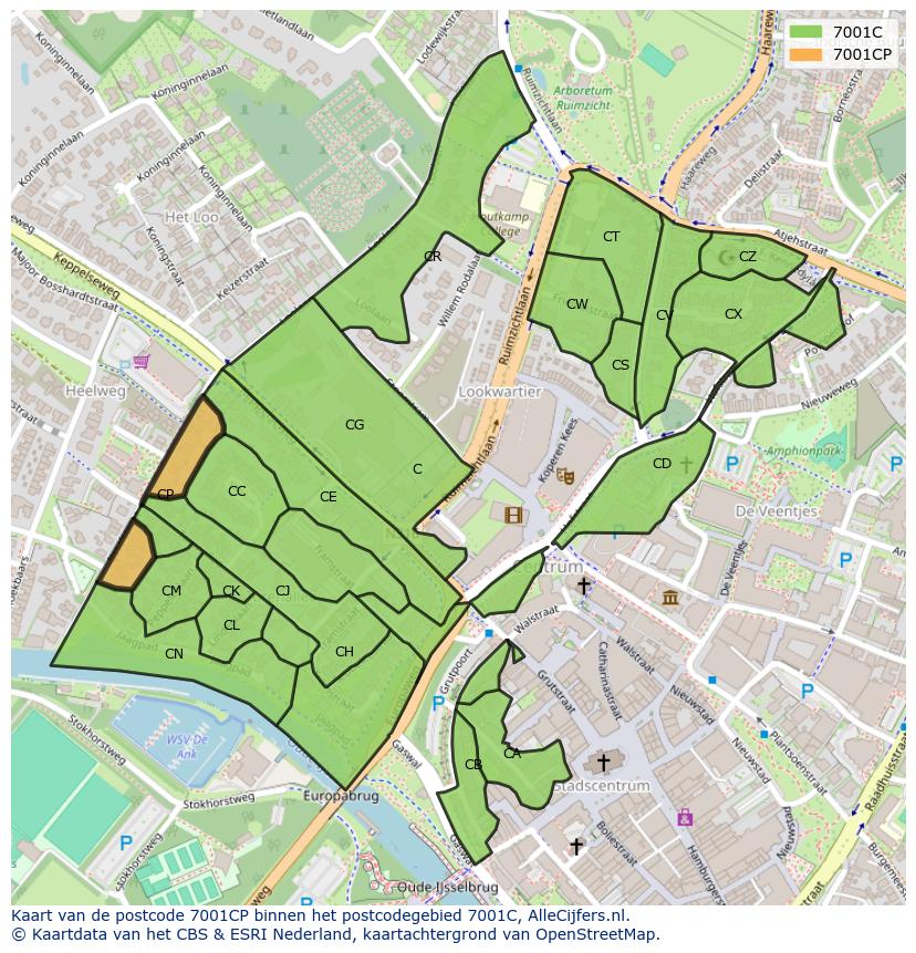 Afbeelding van het postcodegebied 7001 CP op de kaart.
