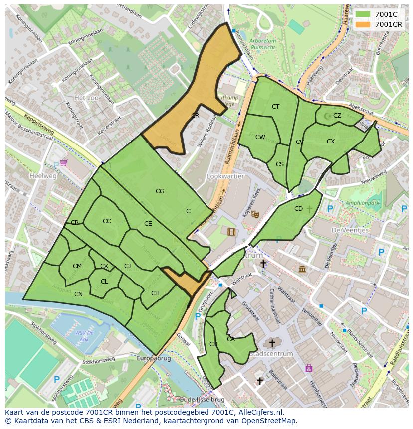 Afbeelding van het postcodegebied 7001 CR op de kaart.