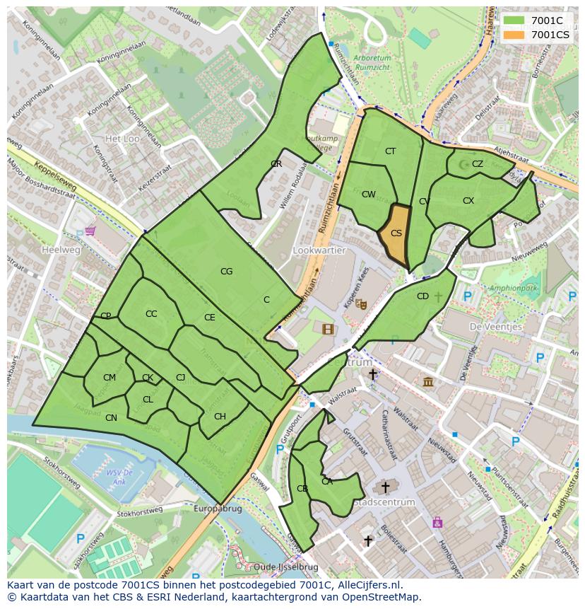 Afbeelding van het postcodegebied 7001 CS op de kaart.